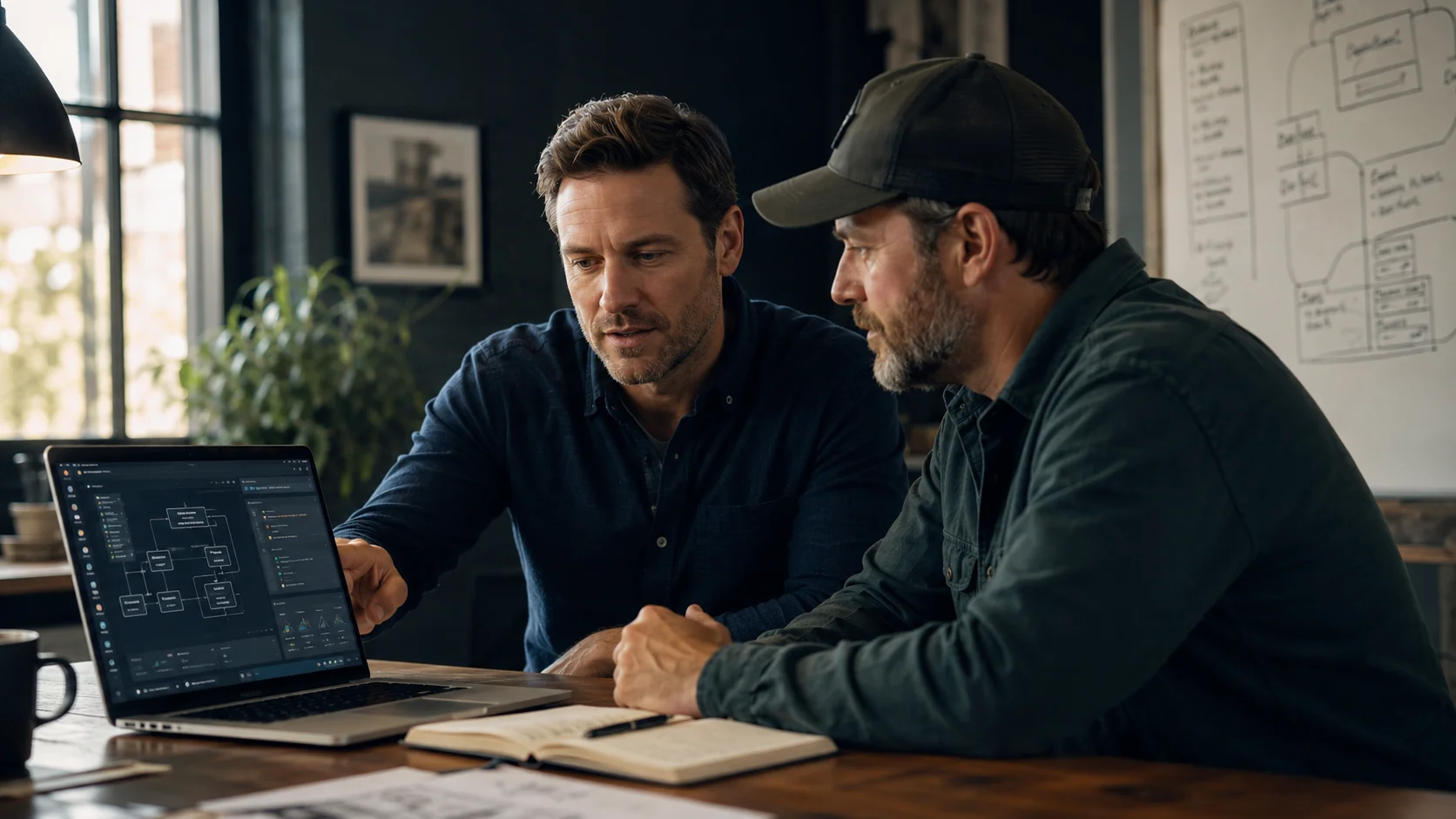 Two collaborators at a workbench reviewing a software prototype on a laptop, with hand-drawn architecture sketches on the wall behind them.